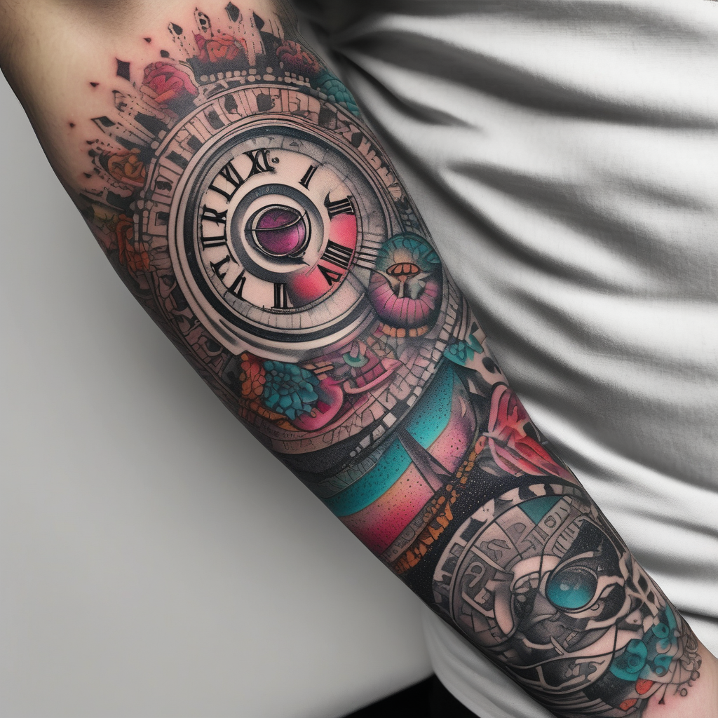 sleeve tattoo to contain the symbols family , love, health, time, money , happines drake tattoos, design de tatouage Dotwork généré par IA